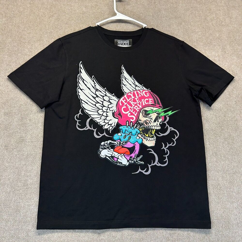 Wedding Cake T Shirt Men's Large Black Flying Cake Service Wake Bake